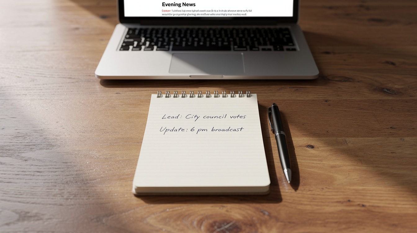 Reporter's notebook and pen on a desk with a laptop showing a script
