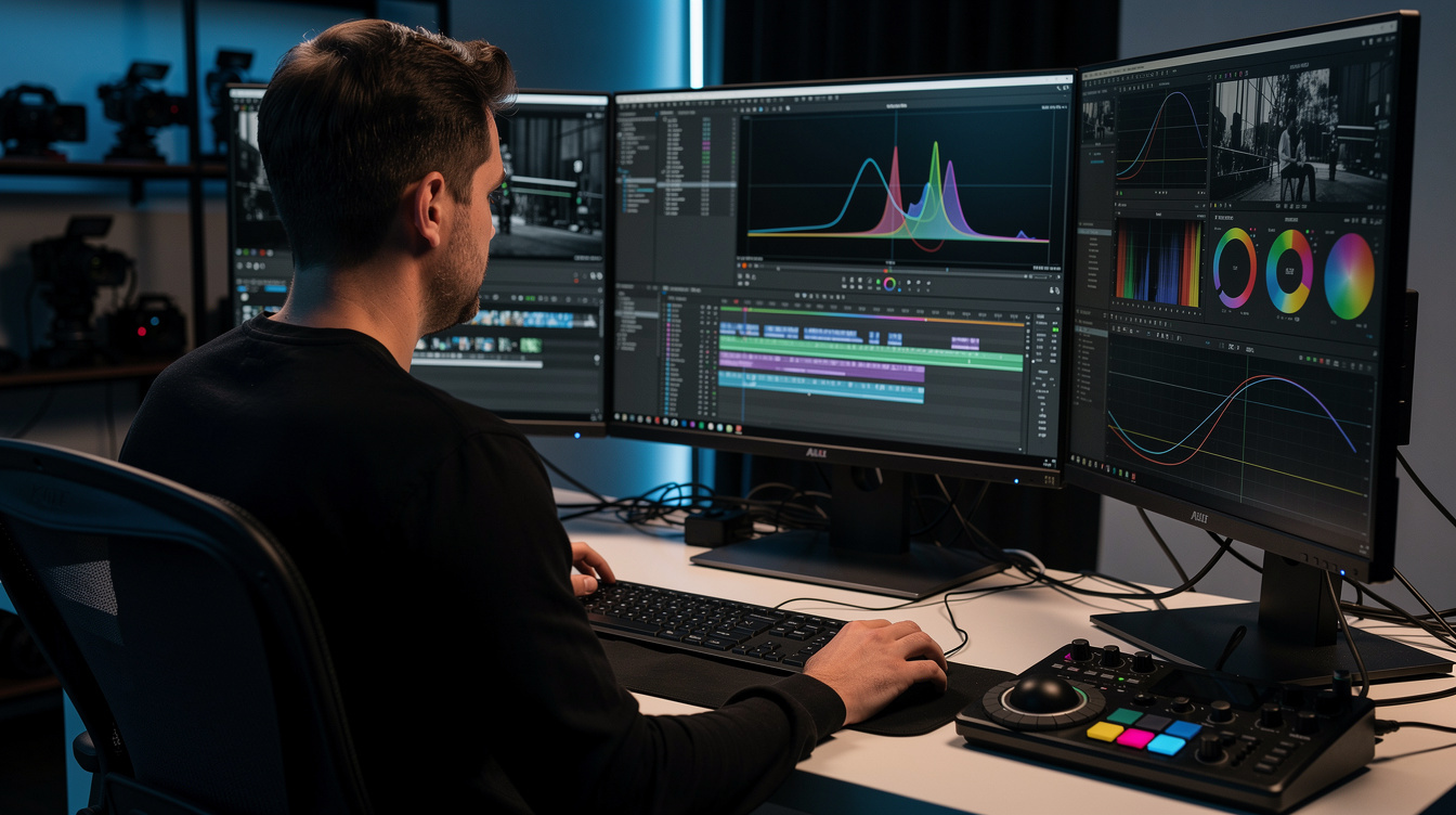 Editor working on video editing timeline on multiple monitors