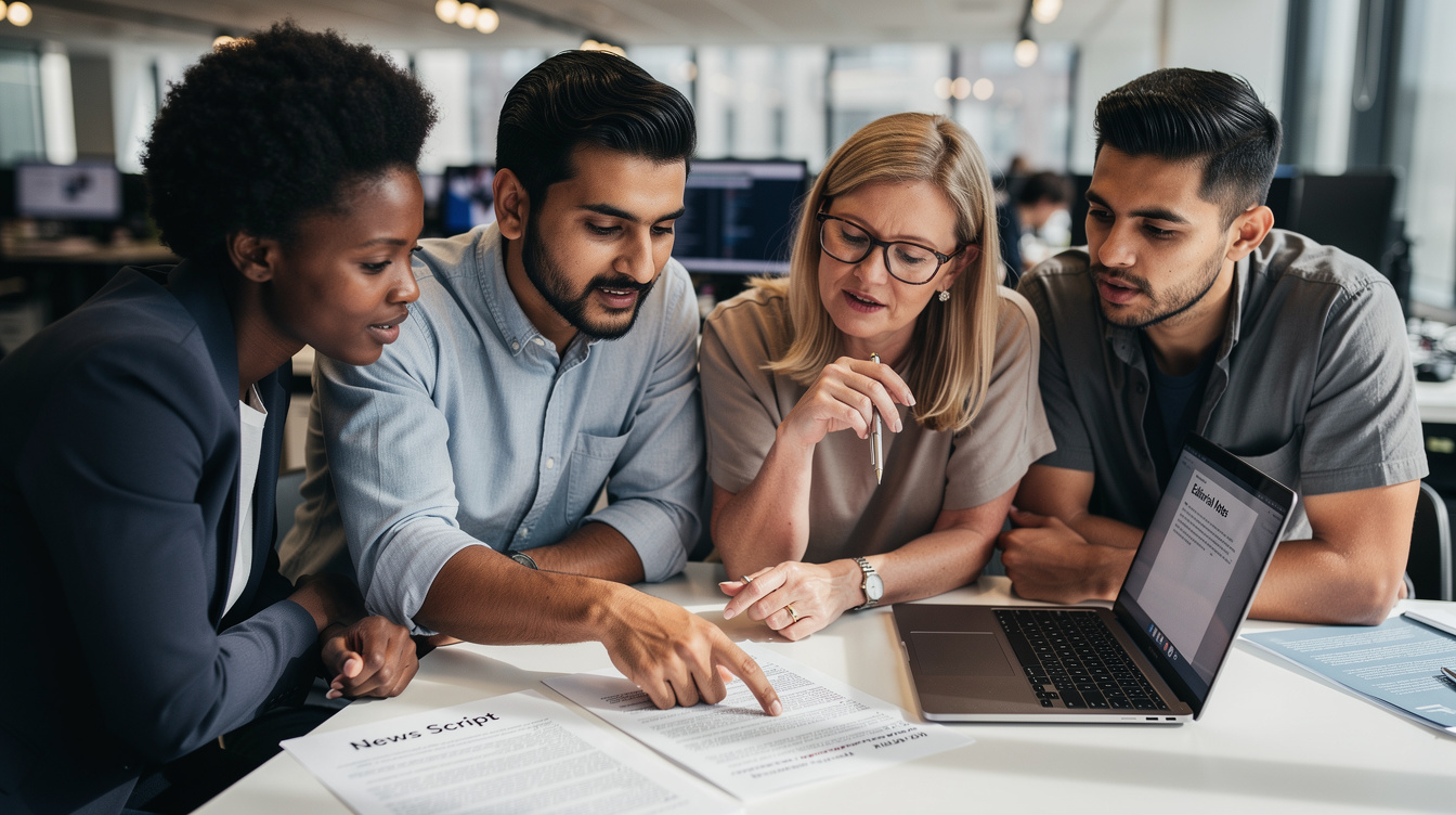 Diverse group of journalists reviewing a script together in a newsroom