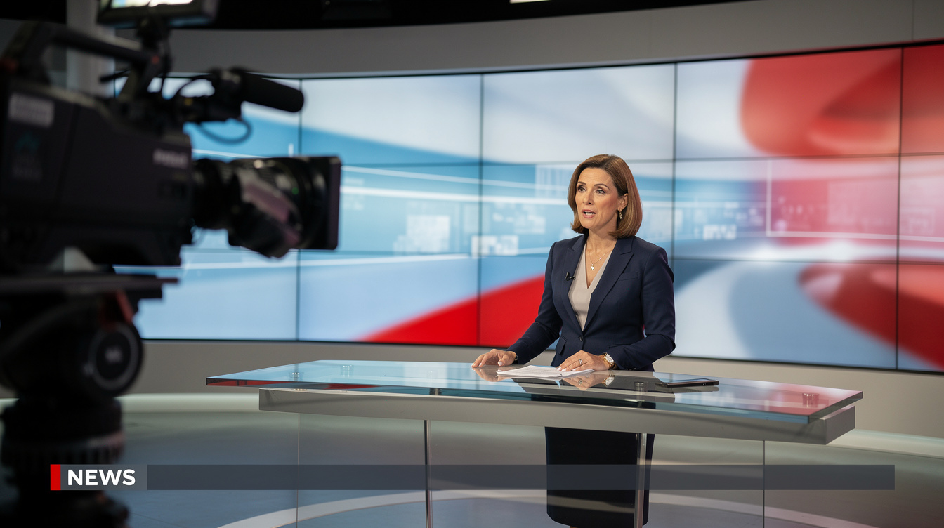 Presenter delivering a report in front of studio cameras