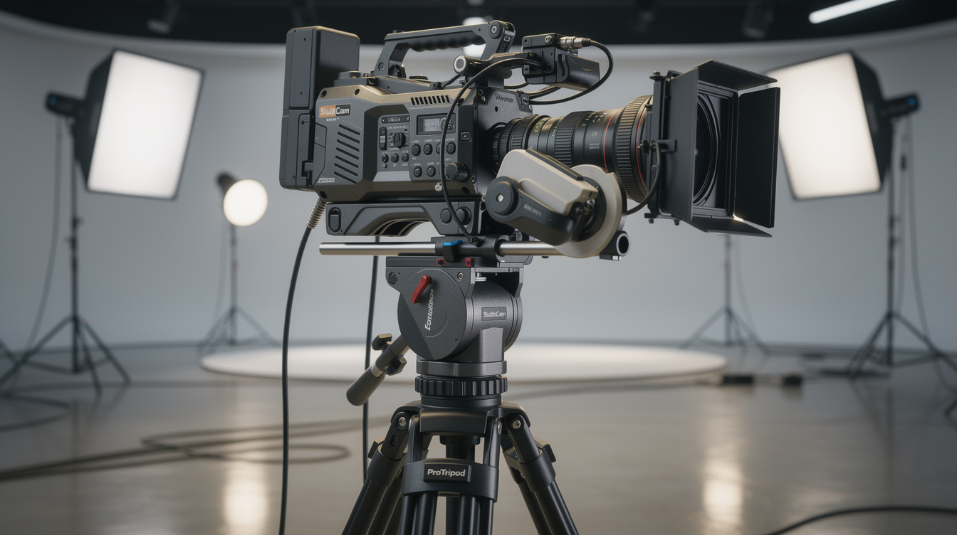 Broadcast camera on a tripod with lighting rig in a studio