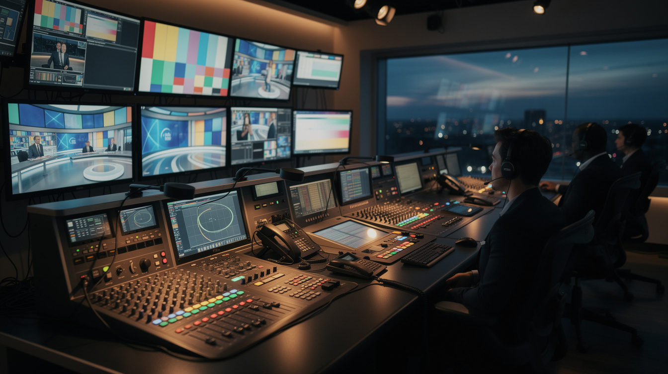Television studio control room with monitors and broadcast desk
