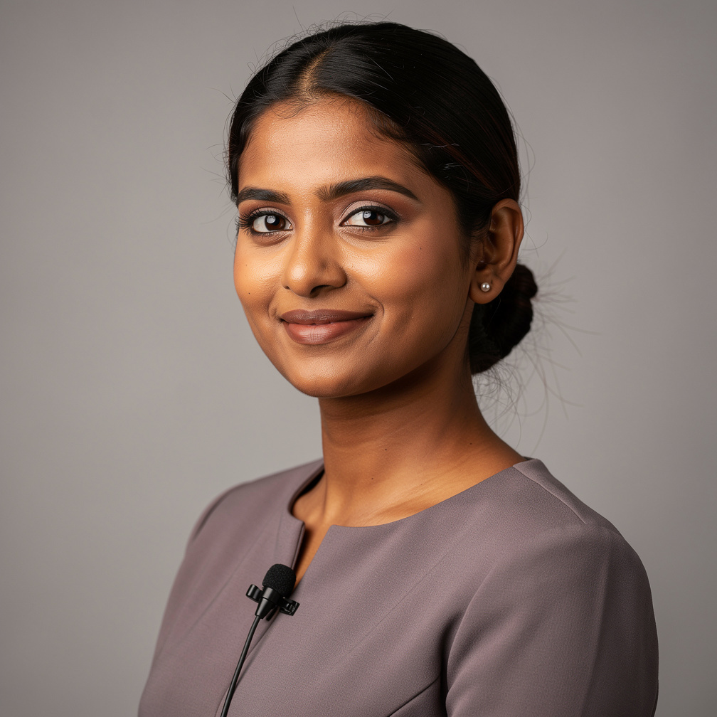 South Asian British woman in her thirties smiling with a lapel microphone