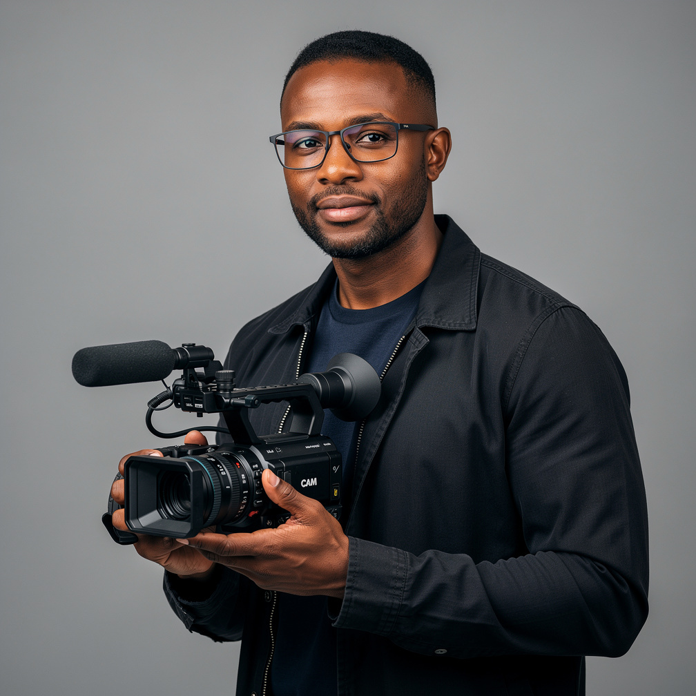 Black British man in his forties holding a camera in a studio