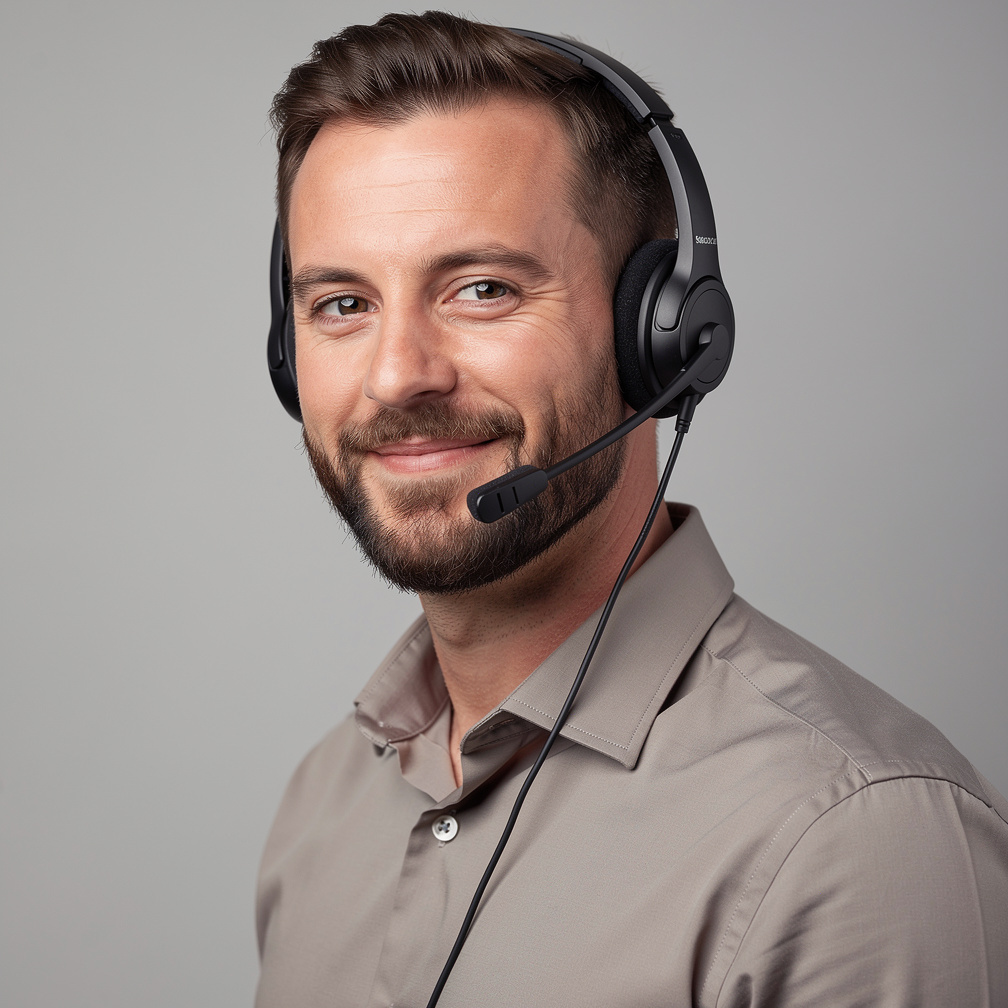 British man in his thirties with a beard wearing a headset in a studio